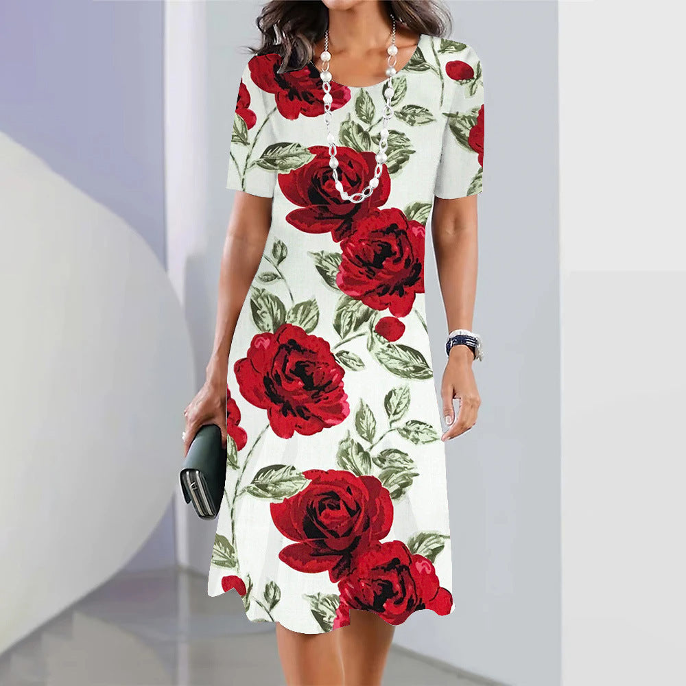 Cute Polka Dot Floral 3D Digital Printed Round Neck Loose Plus Size Short Sleeve Temperament Dress