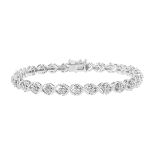 .925 Sterling Silver Round-Cut Diamond Accent Floral Cluster and "X" Link Bracelet (I-J Color, I3 Clarity) - 7.25" - Image #1