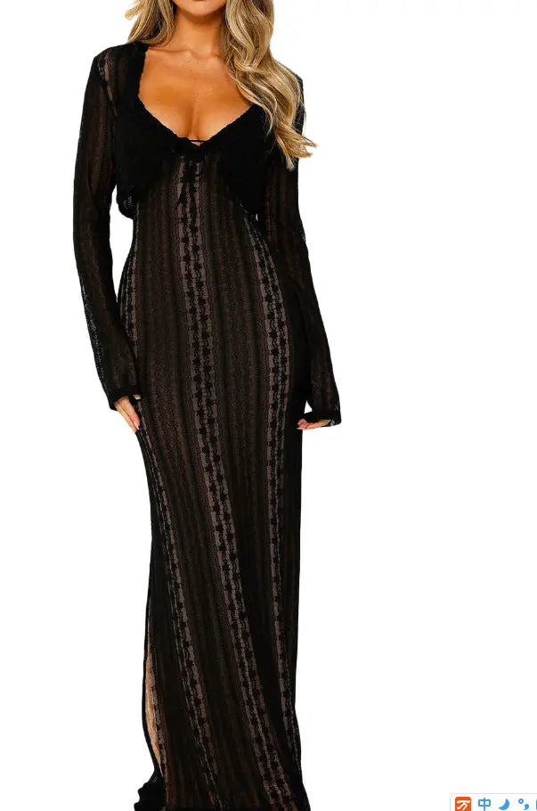 Cross Border Long-sleeved Sun-proof Cardigan Sexy V-neck Split Dress Party Elegant - Image #7