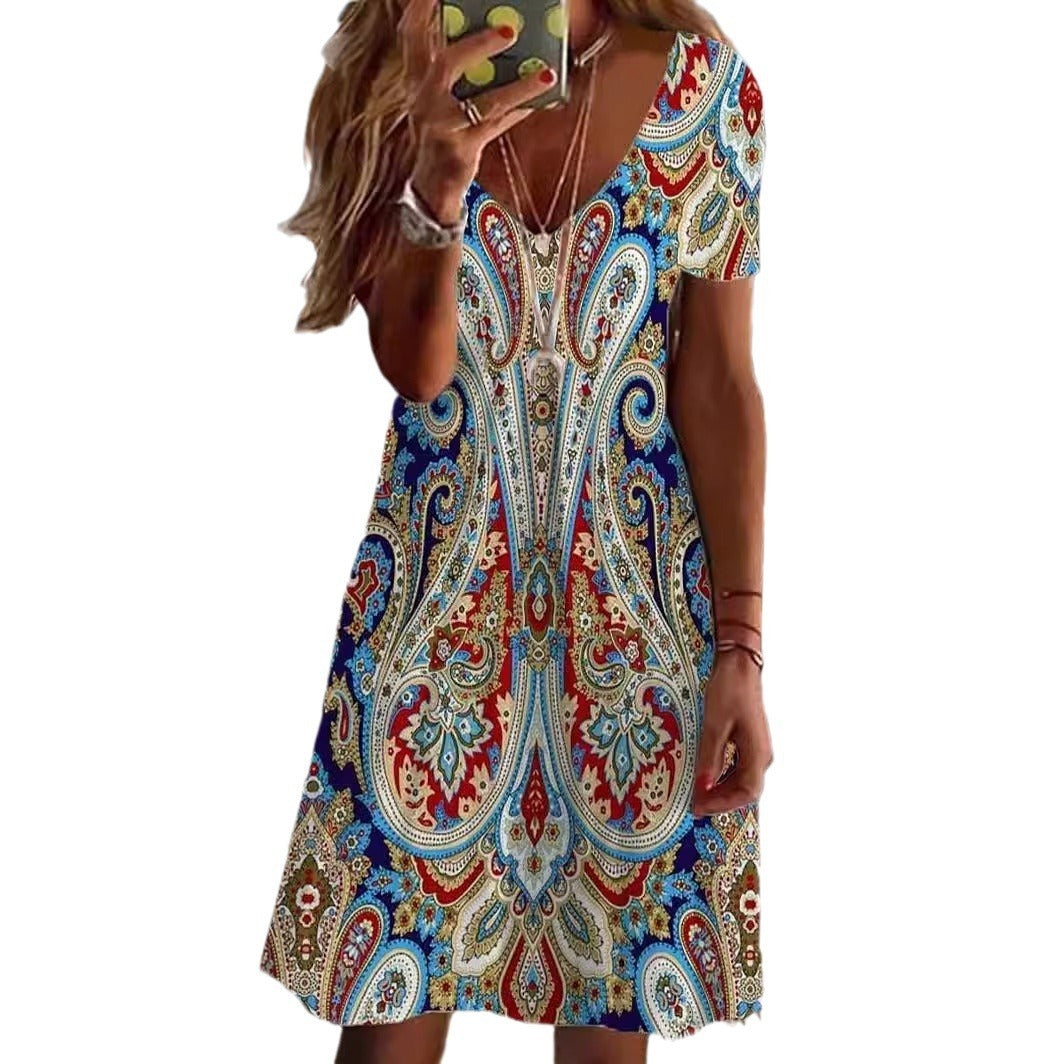 Printed V-neck Mini Dress