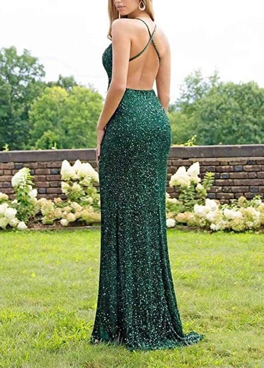 Sequined Lace Back Hollow Out See-through V-neck Dress