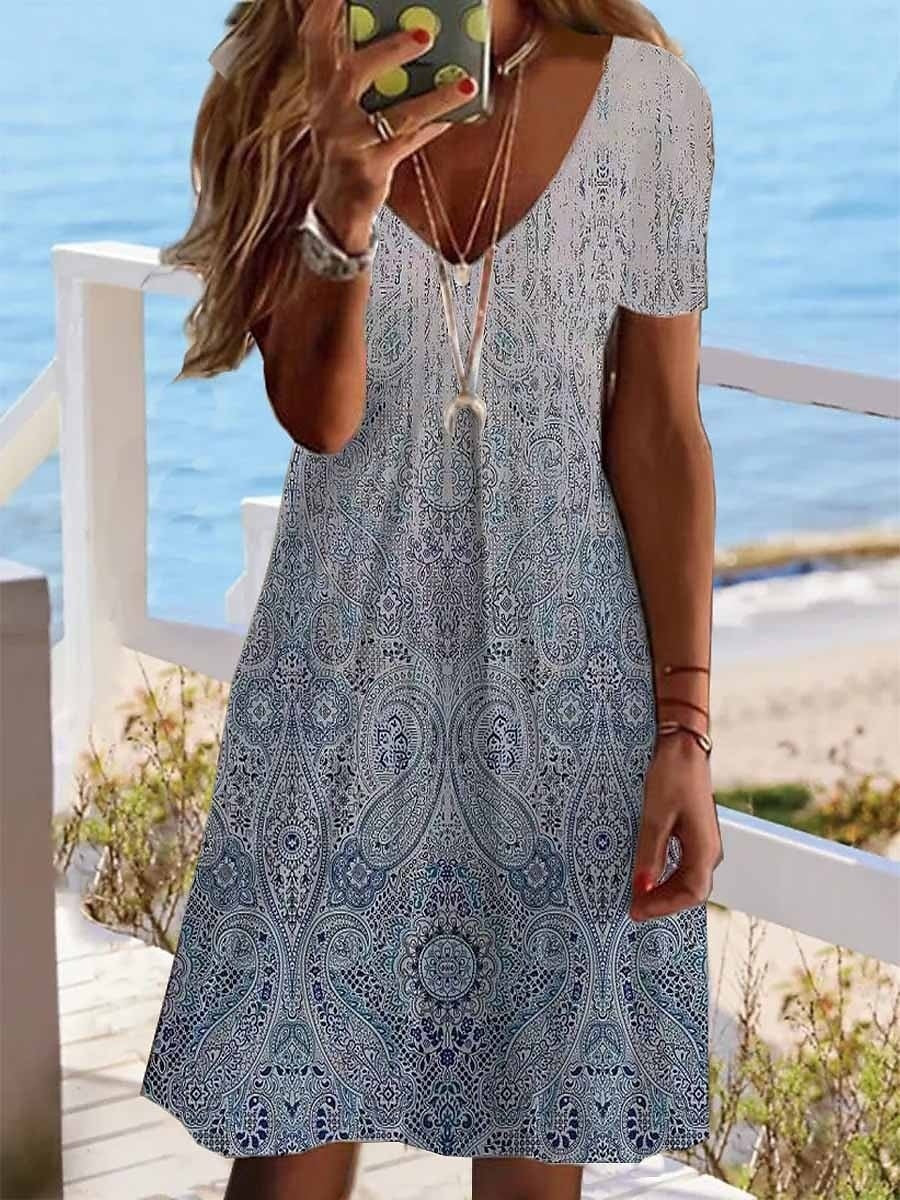 Printed V-neck Mini Dress