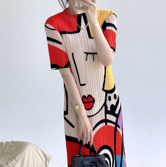 Printed Design Short Sleeve Dress Elegant Temperament