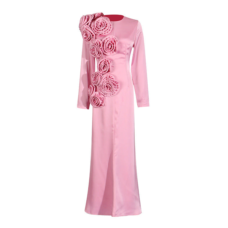 French Flower Decoration Round Neck Slim Fit Dress