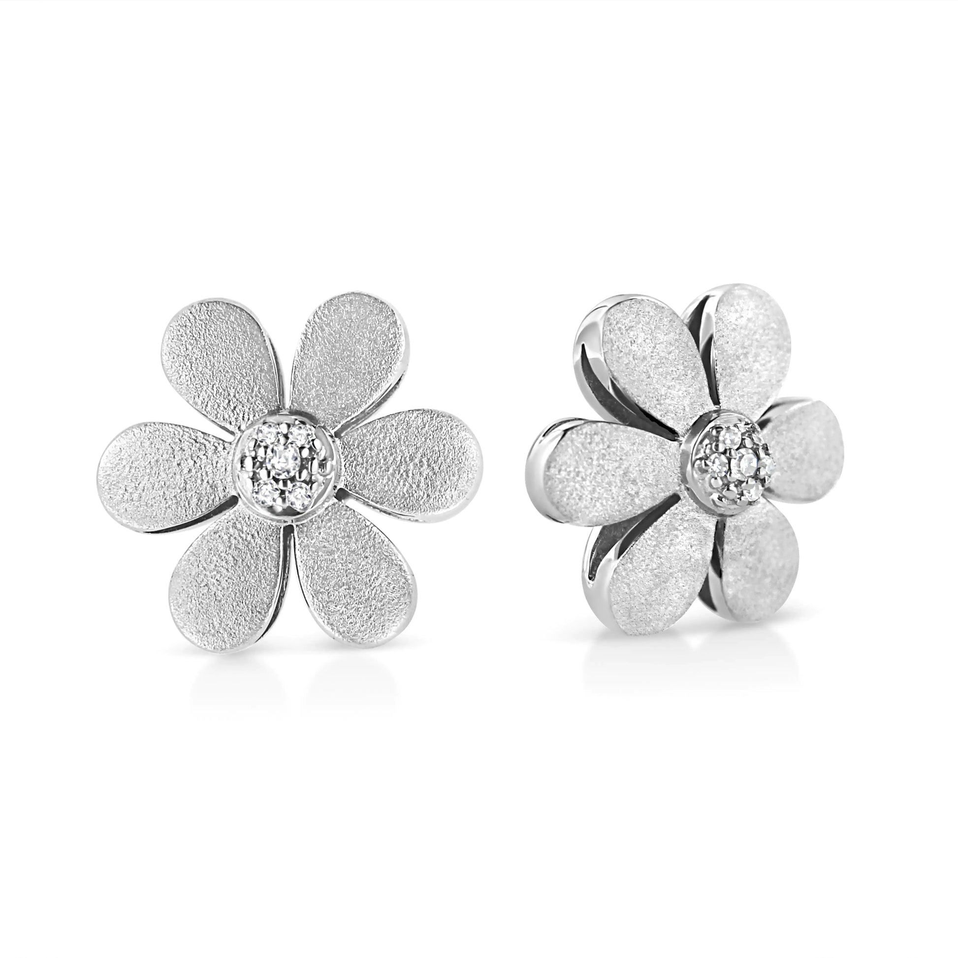 Matte Finished .925 Sterling Silver Diamond Accent Flower Hoop Stud Earring (I-J Color, I1-I2 Clarity) - Image #3