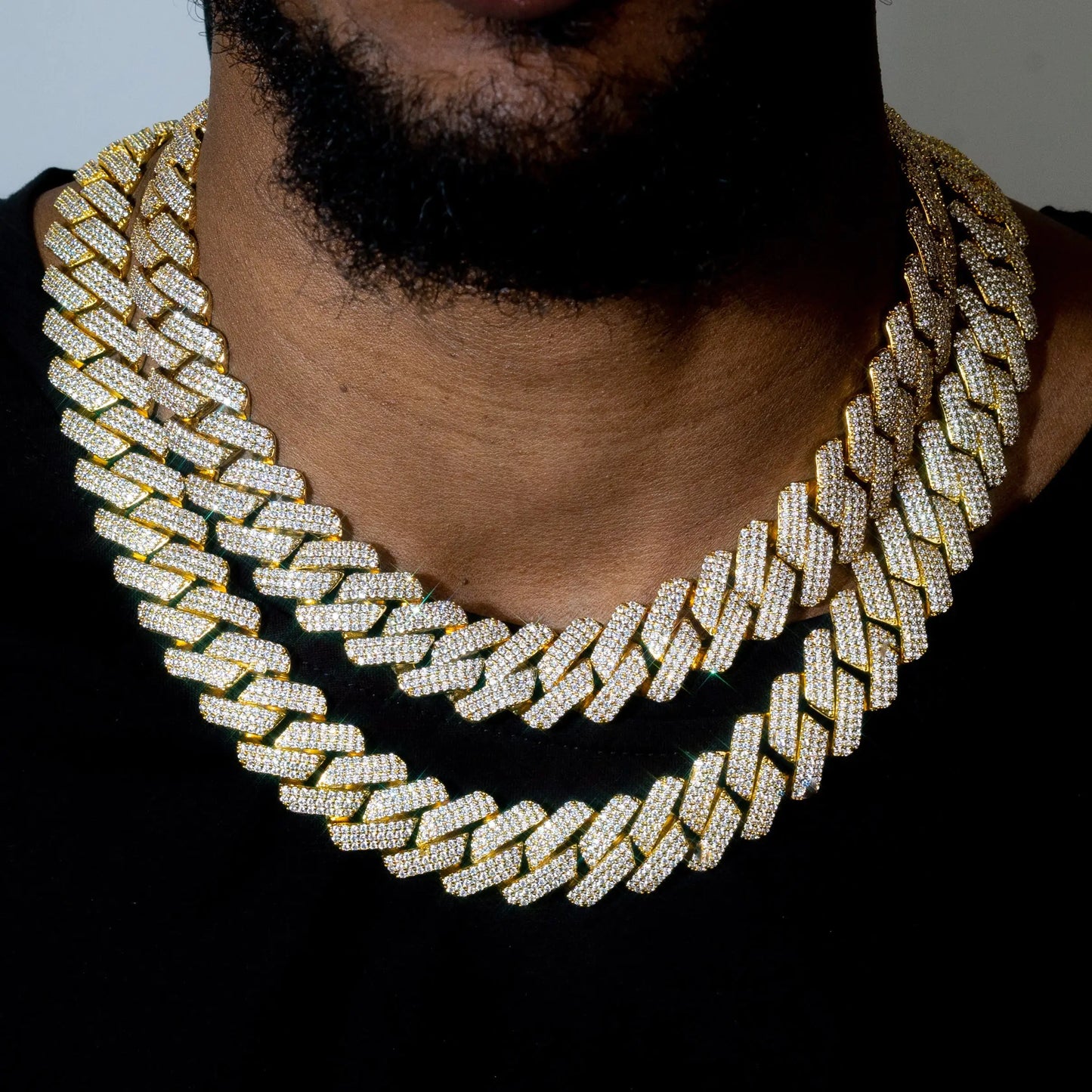 Gold Three-Row Diamond Cuban Link Chain