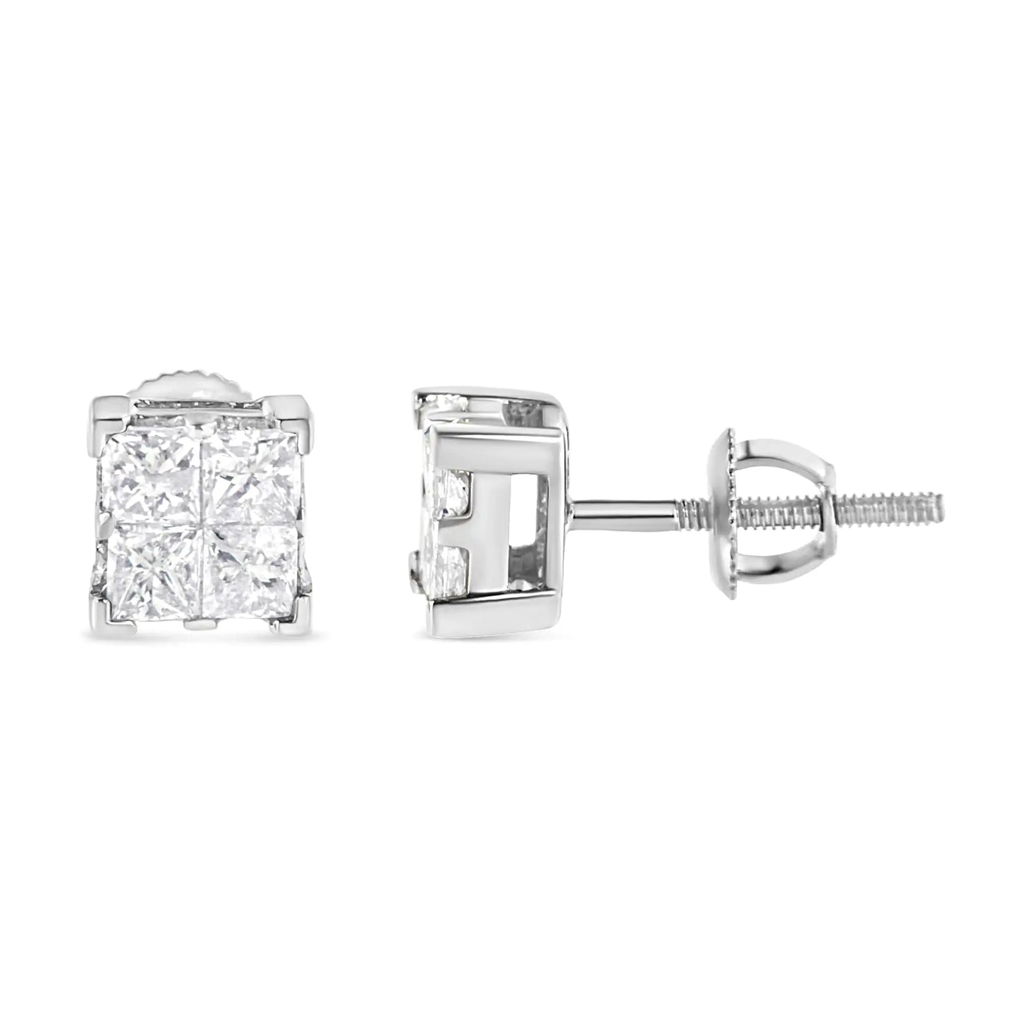 10K White Gold 3/4 Cttw Invisible Set Princess-Cut Diamond Composite Square Stud Earrings (H-I Color, SI2-I1 Clarity)