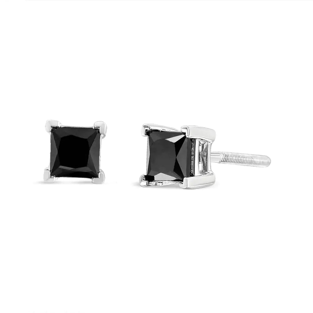 14K White Gold Princess-Cut Treated Black Diamond Classic 4-Prong Stud Earrings