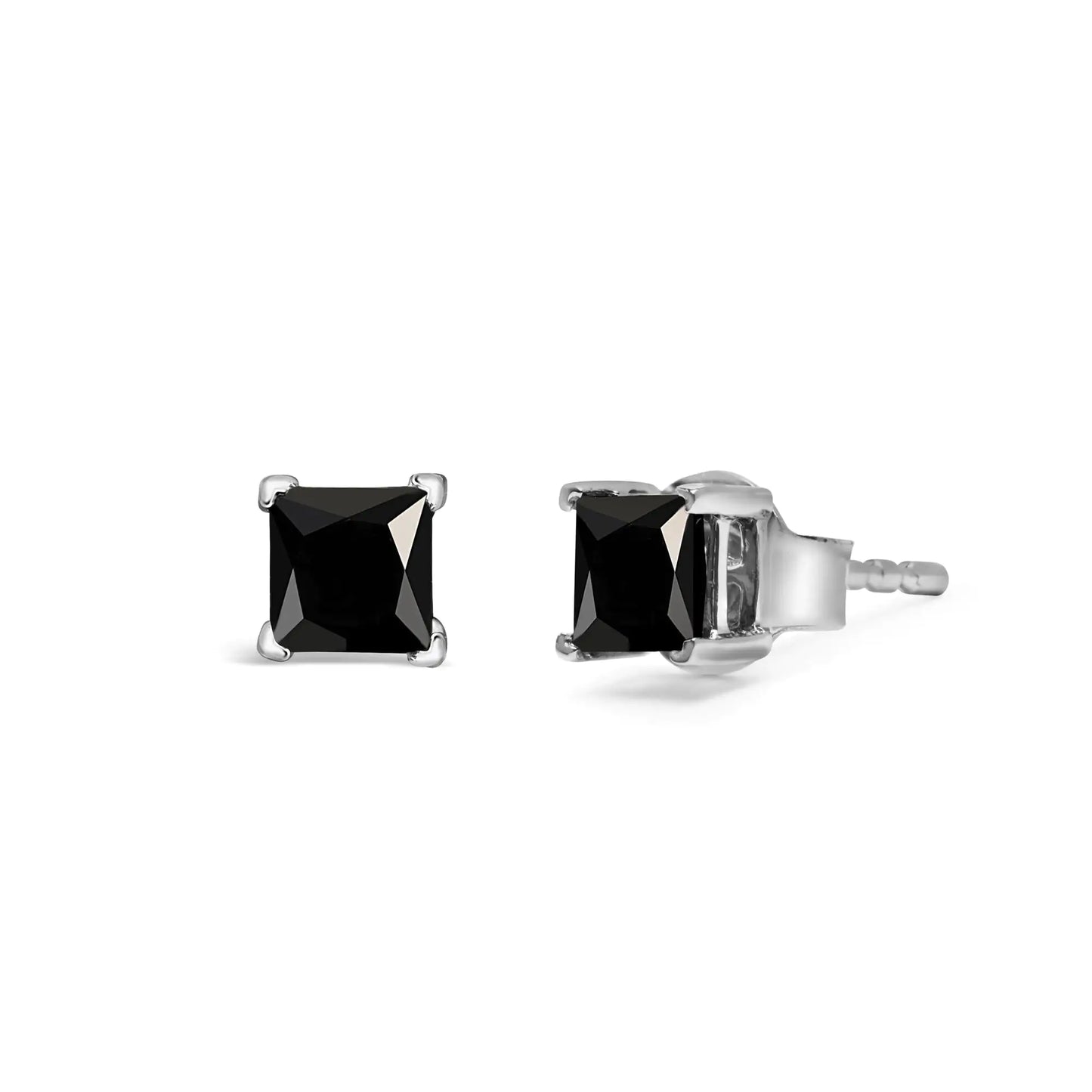 14K White Gold Princess-Cut Treated Black Diamond Classic 4-Prong Stud Earrings - Pushback