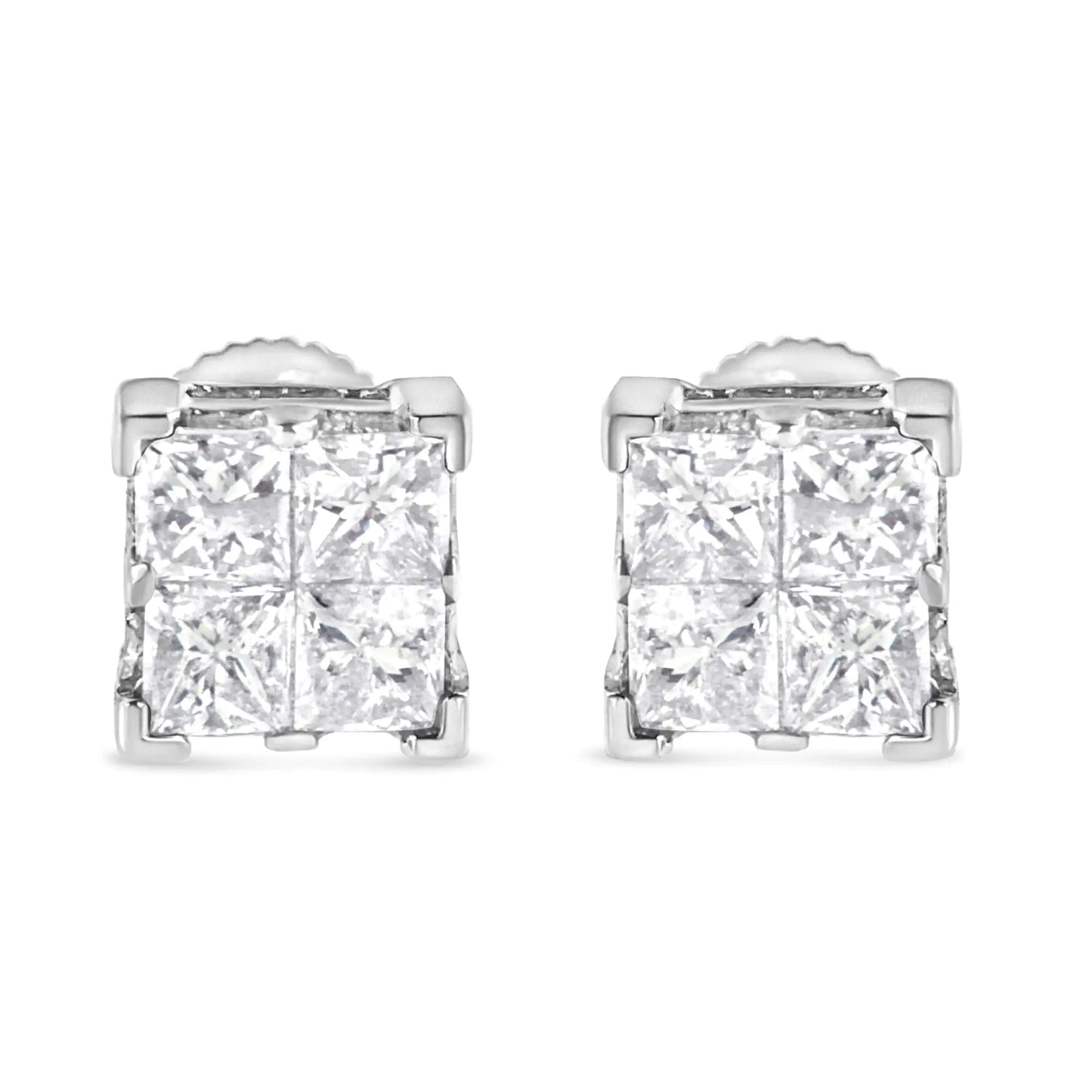 10K White Gold 3/4 Cttw Invisible Set Princess-Cut Diamond Composite Square Stud Earrings (H-I Color, SI2-I1 Clarity)